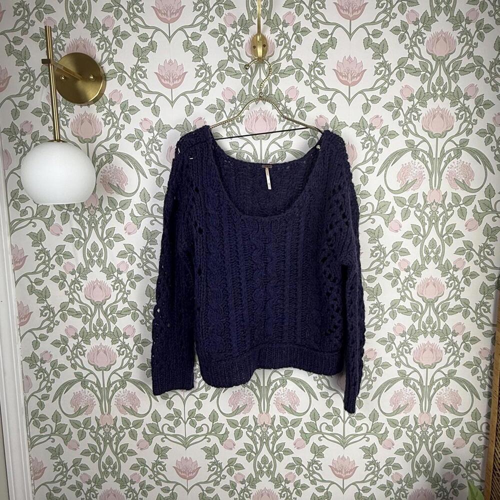 Free People Navy Oversized Scoop Chunky Fluff Open Knit Sweater - Size - Small